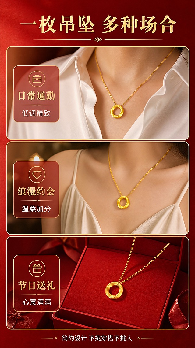 [商品] 使用【图5】足金999莫比乌斯环吊坠；保留莫比乌斯环造型、磨砂足金材质、金色链条；分别融入三个不同场景中，保持产品原貌。
[画面] 页面目标：多场景种草，展示吊坠百搭属性。构图：三宫格竖版拼图，上中下三个场景格。上格：通勤场景，吊坠搭配白衬衫领口；中格：约会场景，吊坠搭配连衣裙锁骨处；下格：送礼场景，吊坠置于红色礼盒中。每格均有场景标签。阅读动线：从上至下依次浏览三格场景。
[视觉] 套系策略：风格=中式轻奢珠宝商业摄影风；标题字=典雅宋体粗体；正文字=现代简洁无衬线体；主色=正红+足金；背景延展=基于正红色做深浅渐变、丝绒纹理与光影层次，同色系明暗过渡；强调色=足金色，仅用于标题、装饰线条与图标；标题色=足金色；正文色=米白色；组件=金色细线分割、圆角半透明信息卡；光影=左上侧暖金柔光，突出金属质感与立体轮廓。
[文字] 顶部主标题「一枚吊坠 多种场合」，三格分别配场景标签：「日常通勤 低调精致」「浪漫约会 温柔加分」「节日送礼 心意满满」；底部配小字「简约设计 不挑穿搭不挑人」；文字均为横排。
[规格] 图片比例9:16竖版，4K分辨率，负向提示：避免变形、错字、文字过小、冷蓝背景、金色偏色、产品结构失真、平台Logo水印。