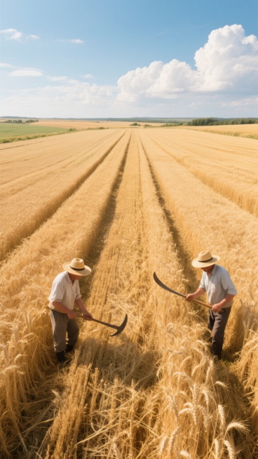 航拍视角下的金色麦田，成熟的麦穗在阳光下泛着温暖的光泽，田垄线条清晰延伸至远方地平线，两位戴草帽的农人手持镰刀正在田间收割，天空湛蓝，点缀着大朵蓬松的白云，光线明亮柔和，展现丰收时节的宁静与劳作之美，整体画面色彩饱和，构图开阔，具有强烈的视觉冲击力和自然田园气息。预览效果