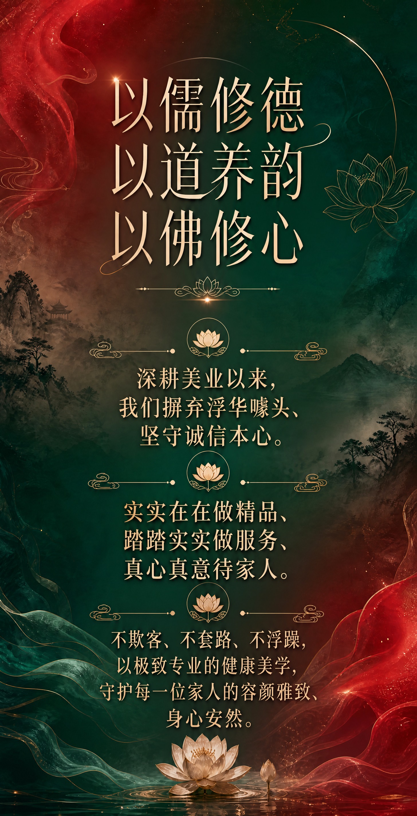 基于参考图进行修改，保留原图整体红绿配色、山水莲花国风氛围和顶… - 图片创意预览