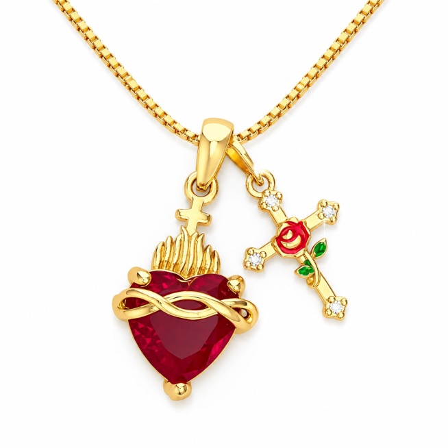 [Main Image 1] Pure white background product display for Red Ruby Sacred Heart Rose Cross Double Pen预览效果