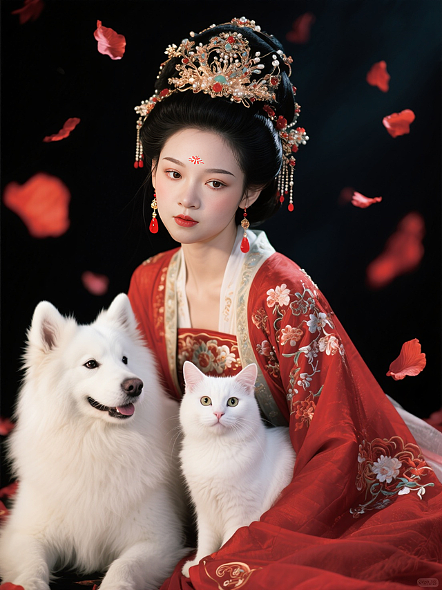 一位身着红色古风服饰的女子，她的服饰上装饰着精美的花纹和饰品，头上戴着华丽的头饰，耳间挂着红色耳饰，尽显华贵。女子身旁依偎着一只白色的狗和猫，狗和猫的毛发洁白柔顺，眼神明亮。背景为深色，飘落的红色花瓣增添了神秘而浪漫的氛围，整体画面给人一种奇幻且唯美的感觉，蕴含着与狗和猫相关的奇幻故事元素。