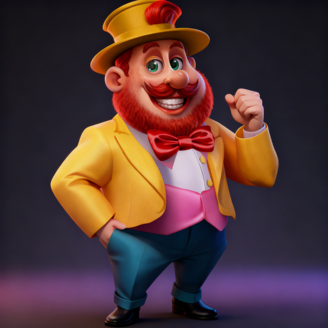 「图片1」富豪角色，黄色礼帽，黄色燕尾服，红色领结，红色马甲。蓝色裤子，黑皮鞋。右手插兜，左手挥拳，微笑。可爱，富态。皮克斯风格，3d效果。预览效果