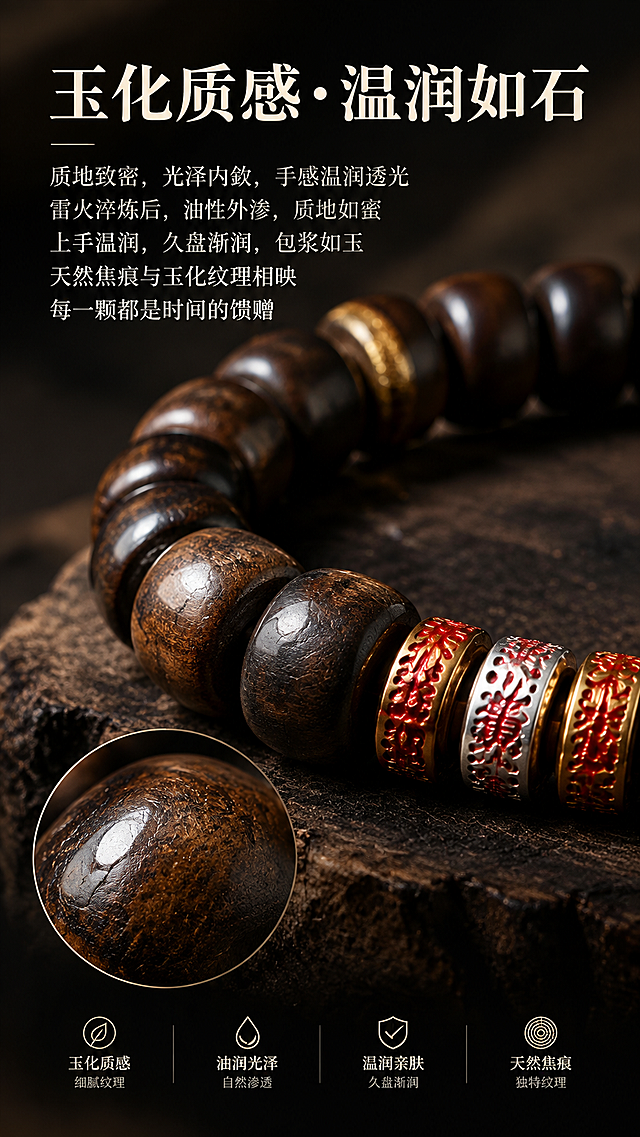 第7屏：玉化质感特写。基于image2手串特写，生成详情页材质细节屏，9:16竖版。要求：1. 产品外观不变；2. 暗调高级质感，深色哑光背景，微距特写玉化木珠的表面质感；3. 标题："玉化质感·温润如石"；4. 文字："质地致密，光泽内敛，手感温润透光 雷火淬炼后，油性外渗，质地如蜜 上手温润，久盘渐润，包浆如玉 天然焦痕与玉化纹理相映 每一颗都是时间的馈赠"；5. 特写清晰展示玉化木珠的细腻纹理与油润光泽，光影突出质感，详情页排版。