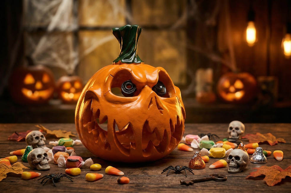 将图中的万圣节南瓜道具自然放置在木质桌子上，保持南瓜主体物理结构不变，调整南瓜到其他自然角度，周围散落万圣节糖果和各种万圣节装饰道具，背景充满浓厚的万圣节气氛，昏暗神秘的暖色调，经典侧逆光勾勒轮廓，柔预览效果