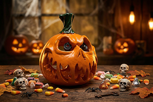 将图中的万圣节南瓜道具自然放置在木质桌子上，保持南瓜主体物理结构不变，调整南瓜到其他自然角度，周围散落万圣节糖果和各种万圣节装饰道具，背景充满浓厚的万圣节气氛，昏暗神秘的暖色调，经典侧逆光勾勒轮廓，柔光补光照亮暗部细节，保持前中后景层次，使用黄金分割构图，保留30%画面留白，保持南瓜本身的造型和色彩，生成真实商业摄影效果，负向提示词：多余的盖子、缺失的部件、悬浮的物体、变形的手柄、摄影灯、柔光箱、三脚架、水印、文字、昏暗光线、死黑阴影、畸变透视、比例失调、瓶身扭曲、Logo变形