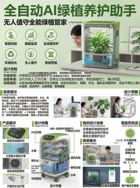 仿照参考图二海报格式设计，主题为全自动化AI绿植养护助手，绿植可被系统自动养护，无需主人手动照顾。海报从上到下依次包含：大标题"全自动AI绿植养护助手"副标题"无人值守全能绿植管家"，顶部功能图标区域预览效果