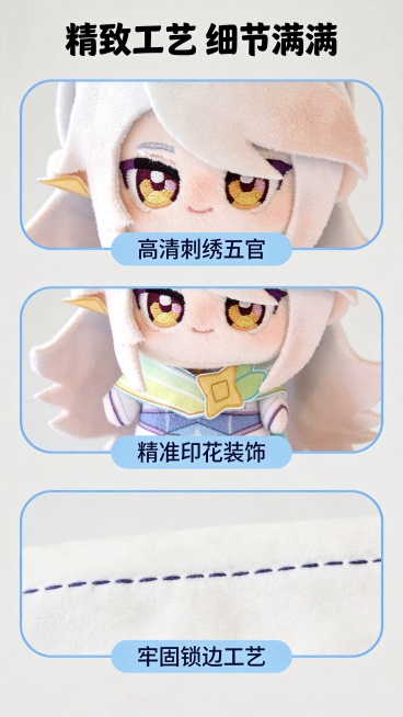 [第6屏] 细节工艺特写，洛克王国伊里斯毛绒玩偶，本屏使用图1作为商品主体。
[氛围/风格] 工艺特写展示，干净浅灰底色，突出精致做工
[元素布局] 分三个区域特写展示：上方脸部刺绣五官，中间衣领星形预览效果