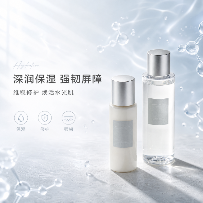 [单张主图] 保湿修护水乳，高级氛围感场景沉浸风主图，传递产品专业品质感。
[参考比对] 用户提供产品实物图，提取瓶身设计、配色和包装细节，基于原图产品生成场景主图，保持产品核心特征一致。
[画面主体预览效果