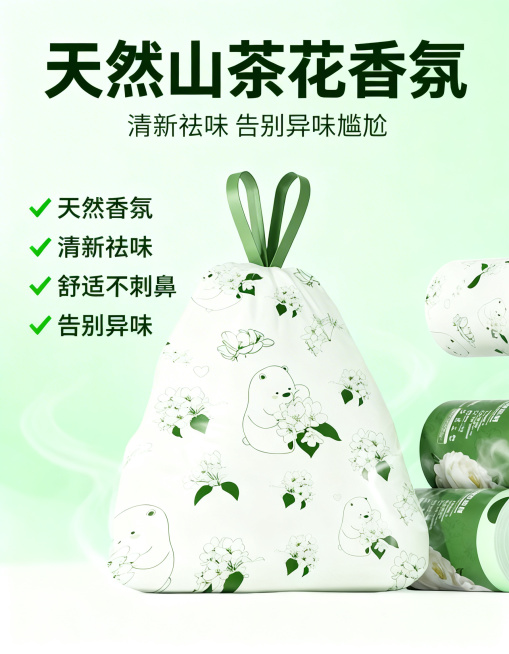 [主图 2] 核心卖点展示图
[主图主题]山茶花香氛清新祛味卖点展示
[氛围/风格]简约清新干净风格，通透自然光
[画面元素]用户提供的打开的垃圾袋，展示山茶花朵印花图案，淡淡香气环绕的视觉效果，背景预览效果
