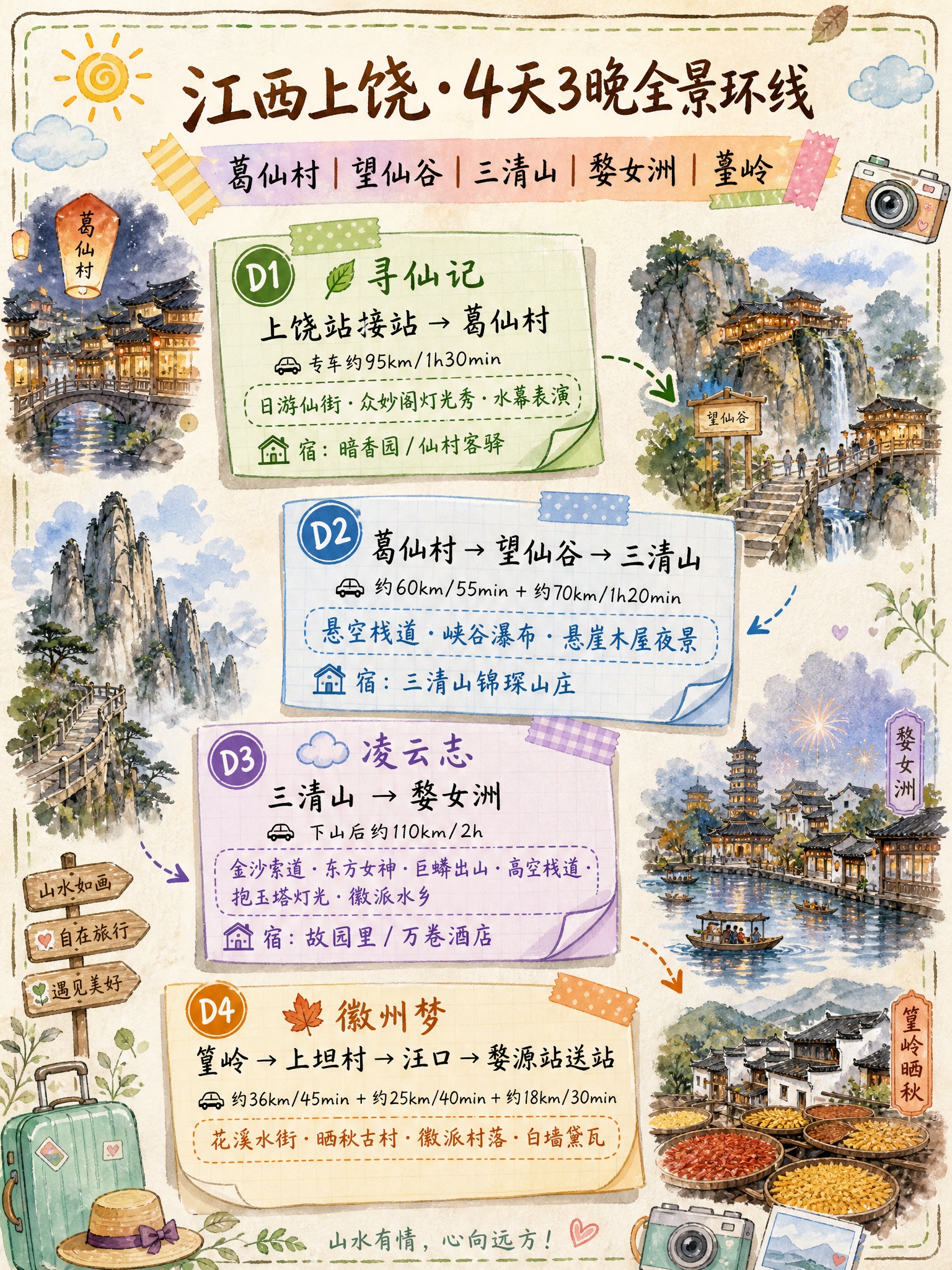 手绘水彩风旅游攻略海报，竖版3:4比例，手绘攻略手账感觉，清新… - 图片创意预览