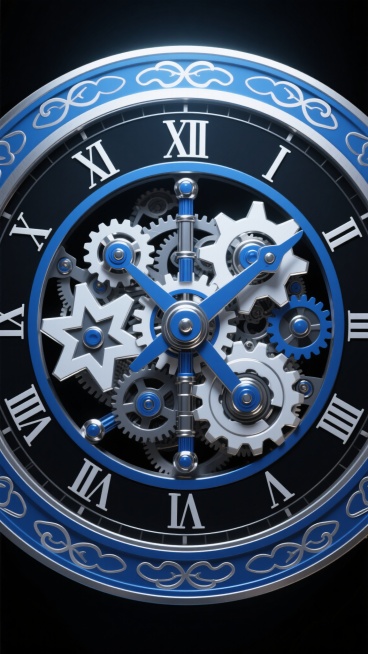 一张具有强烈3D金属质感的精密机械齿轮装置海报，整体采用深邃的靛蓝色与银白色为主色调，搭配局部亮银色高光和深灰蓝色阴影，营造出科技感与神秘感并存的氛围。画面中心是一个圆形结构，外圈为黑色圆环，上面分布着罗马数字刻度，但数字颜色改为银白色。内部是复杂交错的齿轮系统，齿轮造型改变为带有几何切割边缘和不规则齿牙的设计，部分齿轮呈现星形或多角形轮廓，齿轮材质表现为高反光的银白色金属，部分齿轮边缘和轴心……预览效果