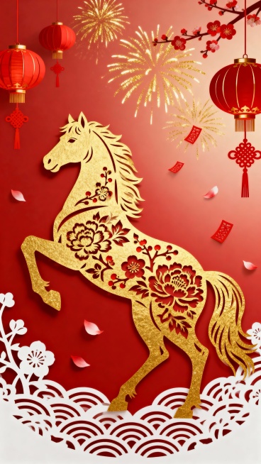 画面采用传统剪纸镂空工艺技法，主体是一匹优雅的骏马剪影，马身装饰着精美的花卉纹样（牡丹、梅花等），采用金色镂空效果。马的姿态是四分之三侧面，前蹄抬起，展现动态美感。背景是喜庆的红色渐变，营造出浓厚的春预览效果