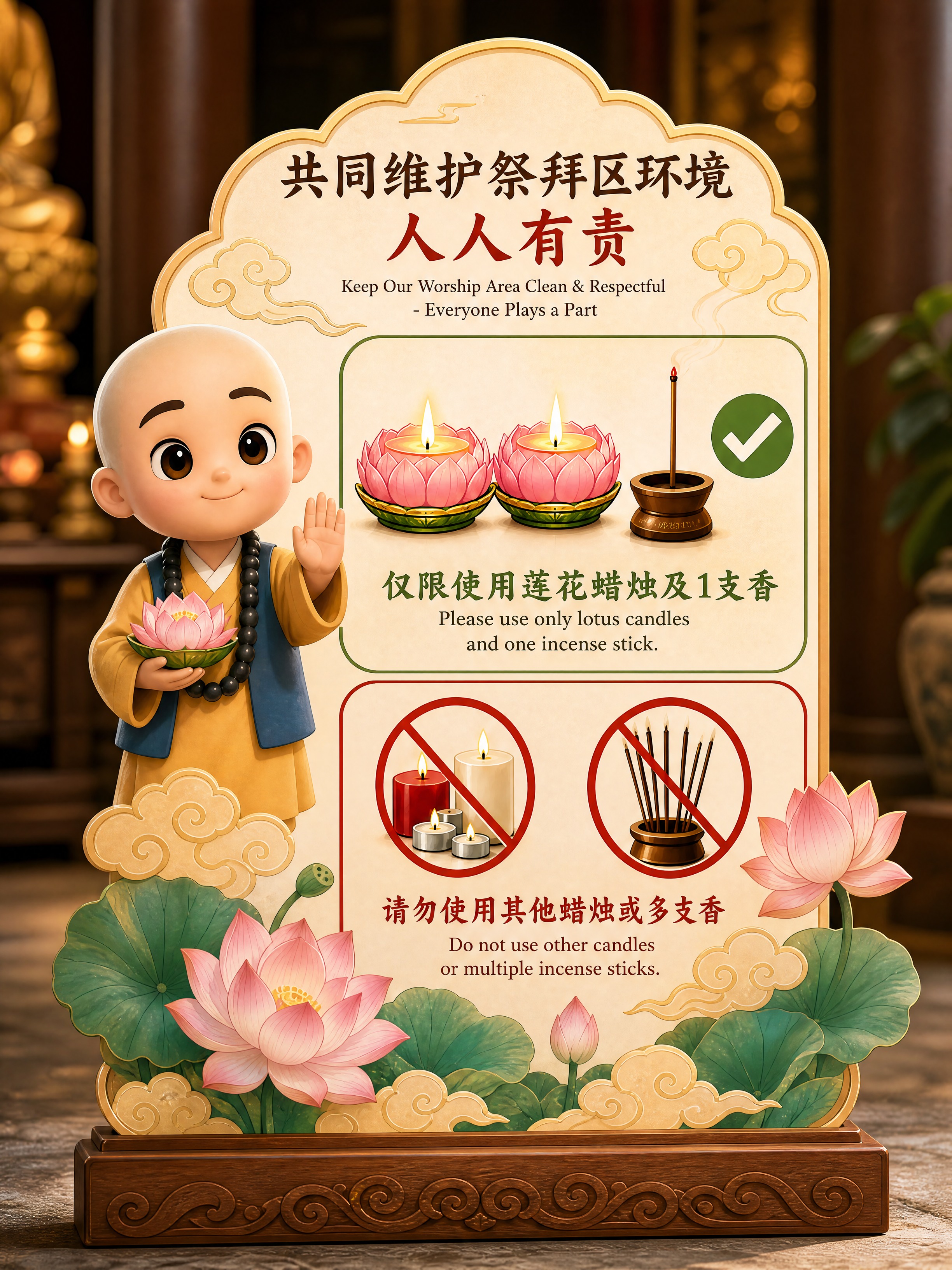 佛堂祭拜区温馨提示站立牌设计，竖版立牌造型，与之前钟提示牌同款… - 图片创意预览