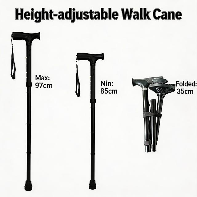 Product showcase image for Alibaba International website. At the very top of the image, add the text "Height-adjustable Walk Cane". Display three states of the black elderly walking cane: 1. Fully extended at maximum height, clearly label "Max: 97cm" next to it; 2. Fully retracted at minimum height, clearly label "Min: 85cm" next to it; 3. Folded, clearly label "Folded: 35cm" next to it. Use a clean white background, keep the product clear, the layout is tidy, in line with international e-commerce product aesthetics, all text is in English.