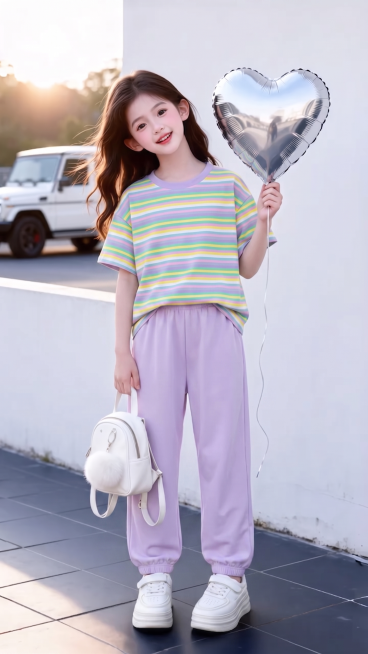 用图1的短袖和裤子替换图2的人物穿的衣服裤子，保留原场景光影，保持图2的人物的五官和发型不变，图片宽高尺寸不变，背景不变，鞋子不变，人物姿势不变，保持图1的短袖和裤子的款式材质不变和颜色不变预览效果