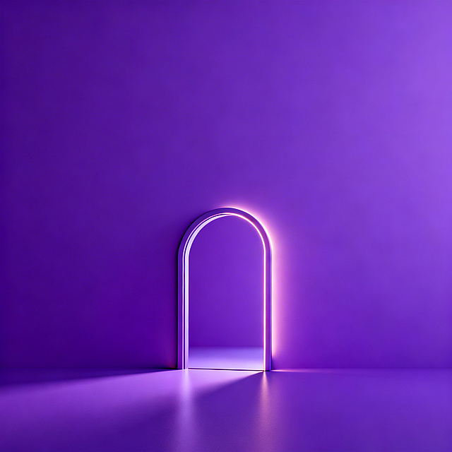 一张背景图，主色调为紫色，正中偏下的位置有一扇弧形门框，门框微微倾斜，边缘带有发光特效