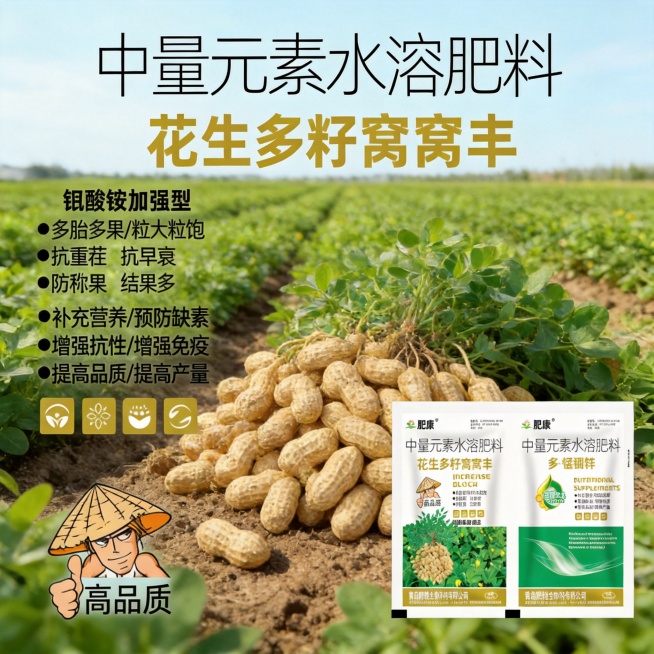 肥康 花生多籽窝窝丰 + 多・锰硼锌 产品介绍
这是青岛肥佬生物科技有限公司推出的花生专用中量元素水溶肥料套装，包含 A 剂「花生多籽窝窝丰」和 B 剂「多・锰硼锌」，钼酸铵加强型配方，专为花生种植预览效果