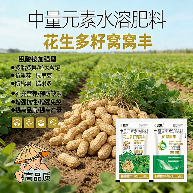 肥康 花生多籽窝窝丰 + 多・锰硼锌 产品介绍
这是青岛肥佬生物科技有限公司推出的花生专用中量元素水溶肥料套装，包含 A 剂「花生多籽窝窝丰」和 B 剂「多・锰硼锌」，钼酸铵加强型配方，专为花生种植设计，主打多果饱粒、防早衰、抗重茬、提质增产。
一、核心功效
✨ A 剂「花生多籽窝窝丰」
促进多胎多果，让花生果粒大、籽粒饱满，减少秕果、空壳。
抗重茬、抗早衰，缓解连作障碍，延长叶片功能期，防止后期早枯。
防秕果、促下针，提升坐果率，让结果数量更多，减少畸形果。
钼酸铵加强配方，促进花生根瘤固氮，增强植株长势，为结果期提供充足养分。
🛡️ B 剂「多・锰硼锌」
快速补充锰、硼、锌等中微量元素，预防缺素黄化、小叶病、生长不良等问题。
增强植株抗逆性与免疫力，提升抗病虫害、抗高低温能力，减少逆境损伤。
提升花生果壳硬度和籽粒饱满度，改善品质，提高最终产量和商品率。
二、通用使用方法（套装 A+B）
1. 基础用法用量
每一组（A 剂 1 袋 + B 剂 1 袋）兑水30 斤（15 公斤），搅拌均匀后叶面喷雾；也可兑水 300 倍进行灌根或冲施，两种方式均能达到良好效果。
2. 适用时期与喷施建议
苗期 / 团棵期：喷施 1 次，促根壮苗，缓解重茬影响，预防弱苗黄化。
初花期 / 盛花期：喷施 1 次，促进开花授粉，提高下针率，为多果打下基础。
结荚期 / 膨果期：每 7-10 天喷施 1 次，连续 2-3 次，促进养分向荚果运输，让果多粒饱。
饱果成熟期：喷施 1 次，延长叶片功能期，预防早衰，减少秕果、空壳，提升百果重。
3. 关键使用技巧
喷施时以叶片正反面均匀湿润、不滴水为宜，重点喷施中上部叶片和茎基部。
选择晴天上午 10 点前或下午 4 点后喷施，避开正午高温时段，减少药液蒸发。
可与非碱性农药、肥料混用，混用前建议先做小范围兼容性试验，避免影响效果。
两次喷施建议间隔 7-10 天，连续使用效果更稳定。
三、注意事项
密封存放在阴凉干燥处，远离儿童和食品；如不慎接触皮肤或眼睛，立即用清水冲洗。
避免在雨天、大风天或正午高温时喷施，喷后 4 小时内遇雨需要补喷。
该产品专为花生设计，不建议在非目标作物上盲目使用。
配合合理的水肥管理和病虫害防治，能让产品效果发挥得更充分。
💡 小提示：这套产品的核心优势是双剂协同增效，A 剂主攻花生多果饱粒、防早衰，B 剂负责补充关键微量元素、提升抗逆性，搭配使用能同时解决花生种植中最常见的秕果多、空壳多、早衰黄化、产量低等问题。「图片1」以此图片为基础生成10张电商主图，适配拼多多平台，主图比例为1:1
