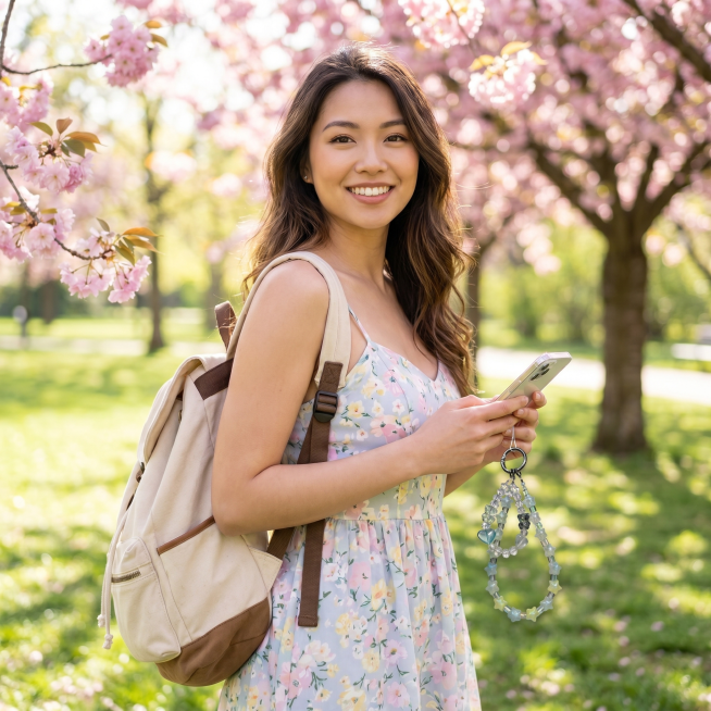 小清新美女模特，春日户外公园场景，模特穿着浅色系清新连衣裙，背包和手机都挂着这款极光星梦小熊手机链，手机链保持外观结构颜色材质和原图一致，没有变形色差。模特自信惬意的微笑着，整体氛围轻松自然，春季氛围预览效果