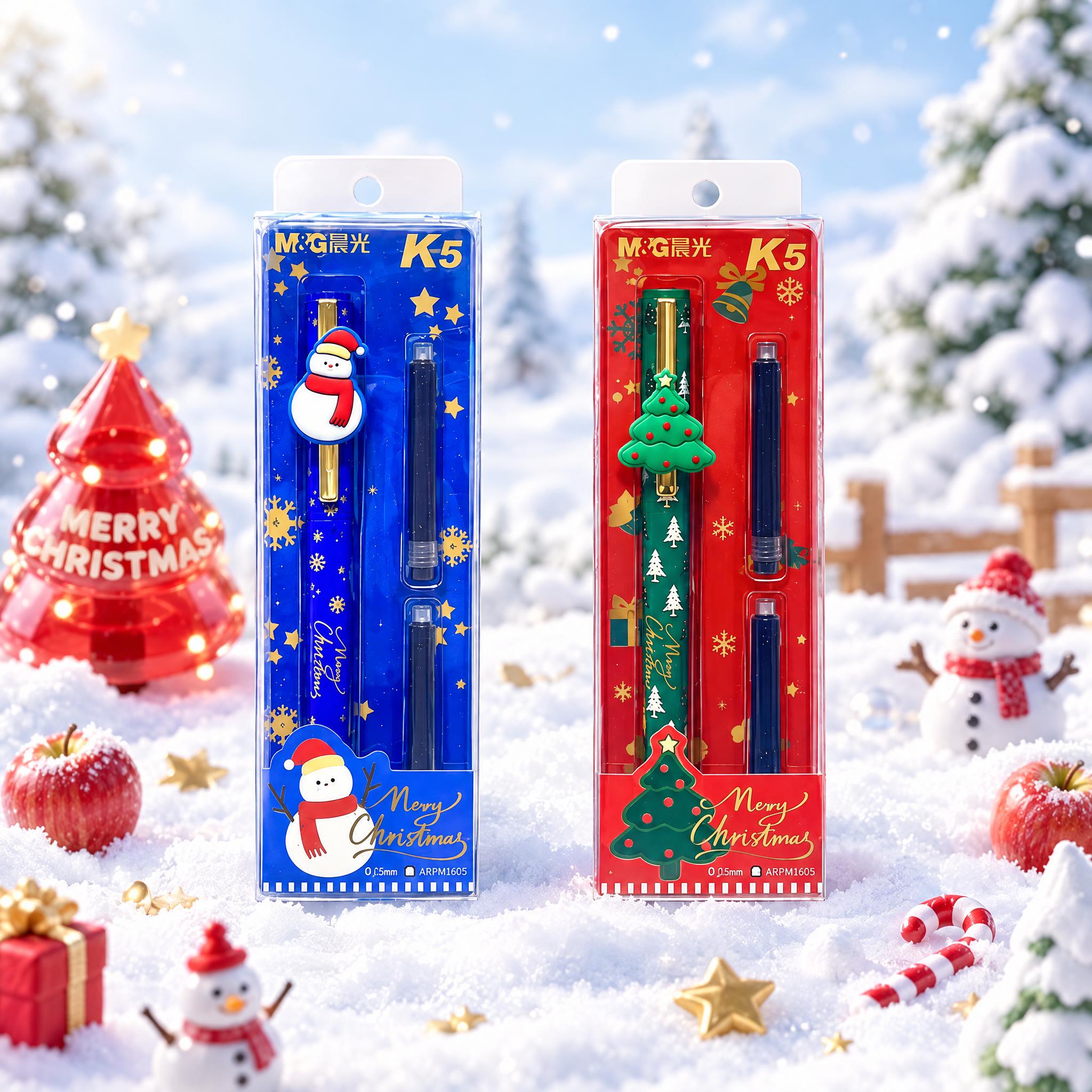 电商主图，晨光圣诞限定K5速干直液式笔套装，蓝色雪人款和绿色圣… - 图片创意预览