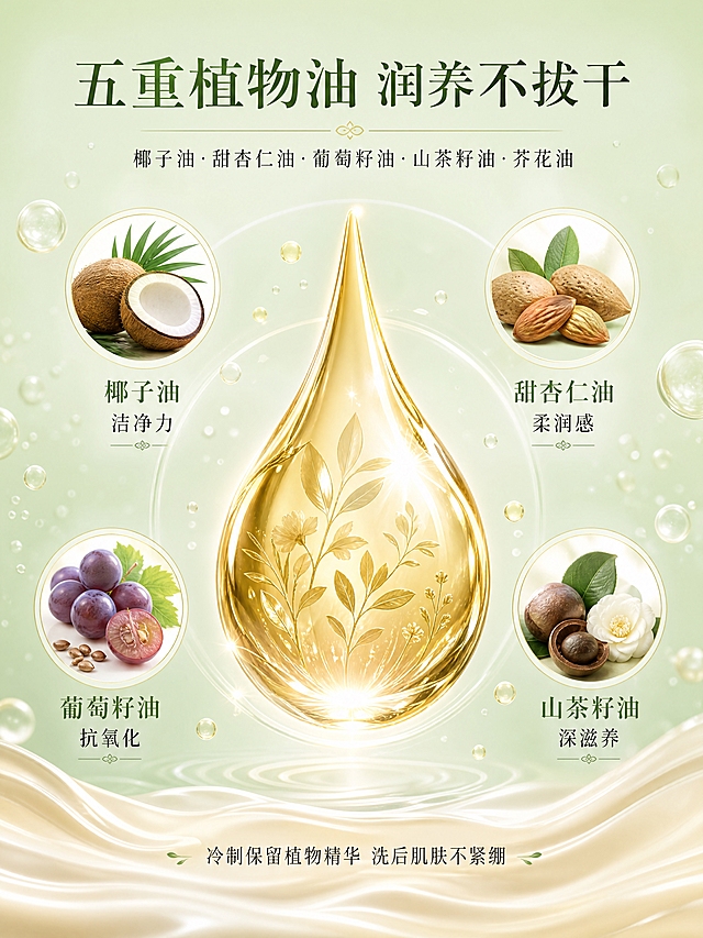 [第4张] 油脂基底成分页-植物油滋养配方说明。本张为成分机理专页，无需产品垫图。
[氛围/风格] 清雅高级，天然护肤感，中国风简约，成分机理可视化，商业质感。
[元素布局] 画面中央为一滴晶莹剔透的金色油滴，油滴内有植物纹理折射，油滴占画面30%以上；油滴周围环绕四个圆形植物原料图，分别为椰子、甜杏仁、葡萄籽、山茶籽，呈放射状排列；背景为淡绿色渐变，点缀细腻气泡和油珠，营造护肤精华质感；底部有浅米色波浪纹理象征滋润。
[光影质感] 中央油滴高光通透，四周柔光环绕，油滴折射光芒，整体晶莹温润。
[配色色系] 全局底色 #EDF5EA 淡绿；主色油滴金色 #D4B87A；辅助色草绿 #8FB88F、米白 #FBF9F3。
[视角构图] 正面居中对称构图，阅读动线顶部标题 → 中央油滴主视觉 → 四周成分环绕 → 底部说明。
[文字版式] 顶部主标题「五重植物油 润养不拔干」，副标题「椰子油·甜杏仁油·葡萄籽油·山茶籽油·芥花油」；四个圆形原料图下方分别标注「椰子油 洁净力」「甜杏仁油 柔润感」「葡萄籽油 抗氧化」「山茶籽油 深滋养」；底部小字说明「冷制保留植物精华 洗后肌肤不紧绷」；文字清晰，宋体为主。
[比例分辨率] 3:4 竖版比例，宽度1200高度1600，4K分辨率，文字清晰可辨，高清画质。
[负向提示词] 化学成分符号，西药感，塑料瓶，文字过小，水印，油滴不真实，颜色偏差。