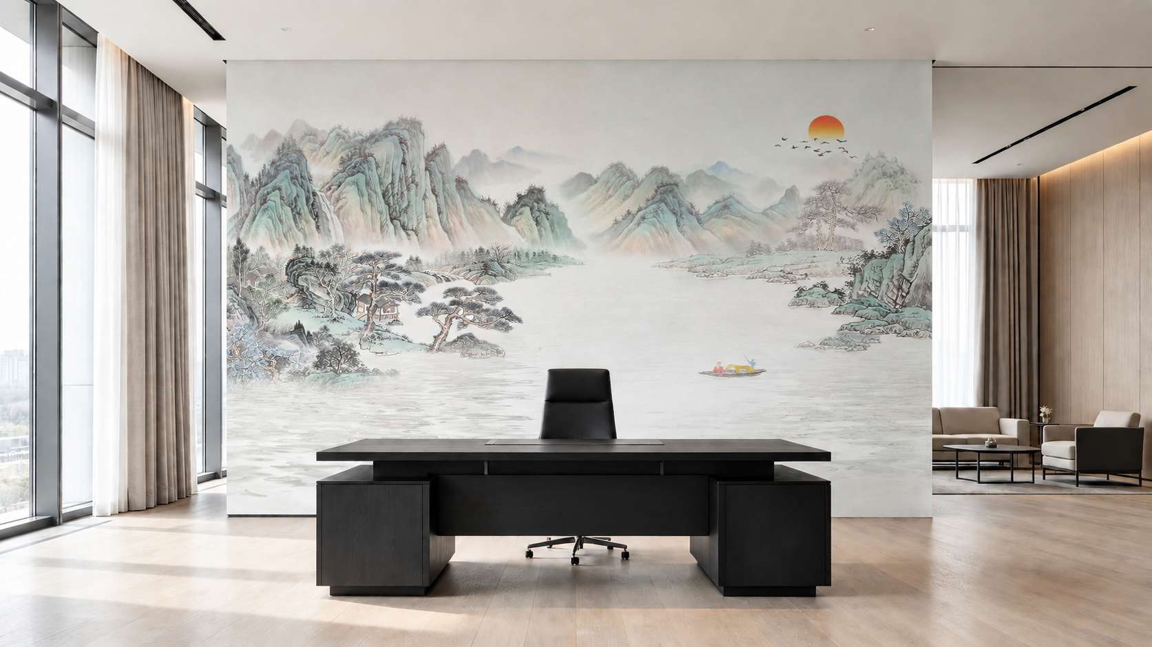 将第二张图的刺绣山水硬包背景墙图案，完整贴到第一张办公室场景图… - 图片创意预览