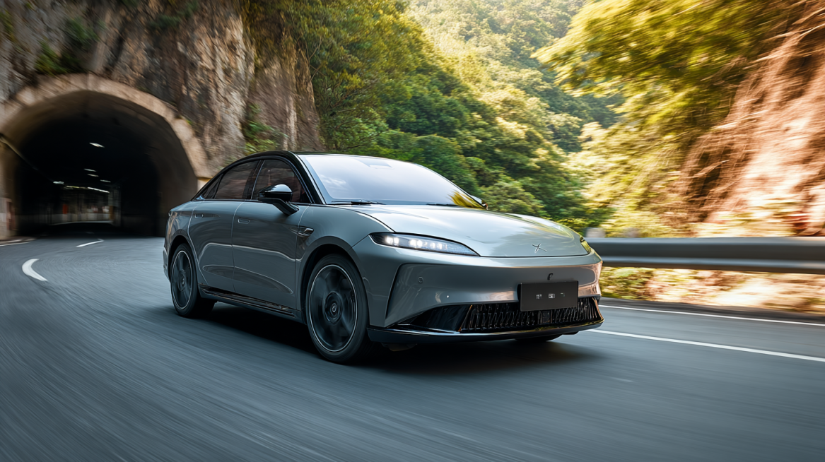 一辆零跑B01天幕灰驶出隧道，豁然开朗，进入沿海公路或林间大道。智能呼吸格栅根据车速与风阻智能调节开合角度。天幕灰的车漆在阳光下泛起淡淡的金属光泽，在树影下又转为深邃的岩灰。预览效果