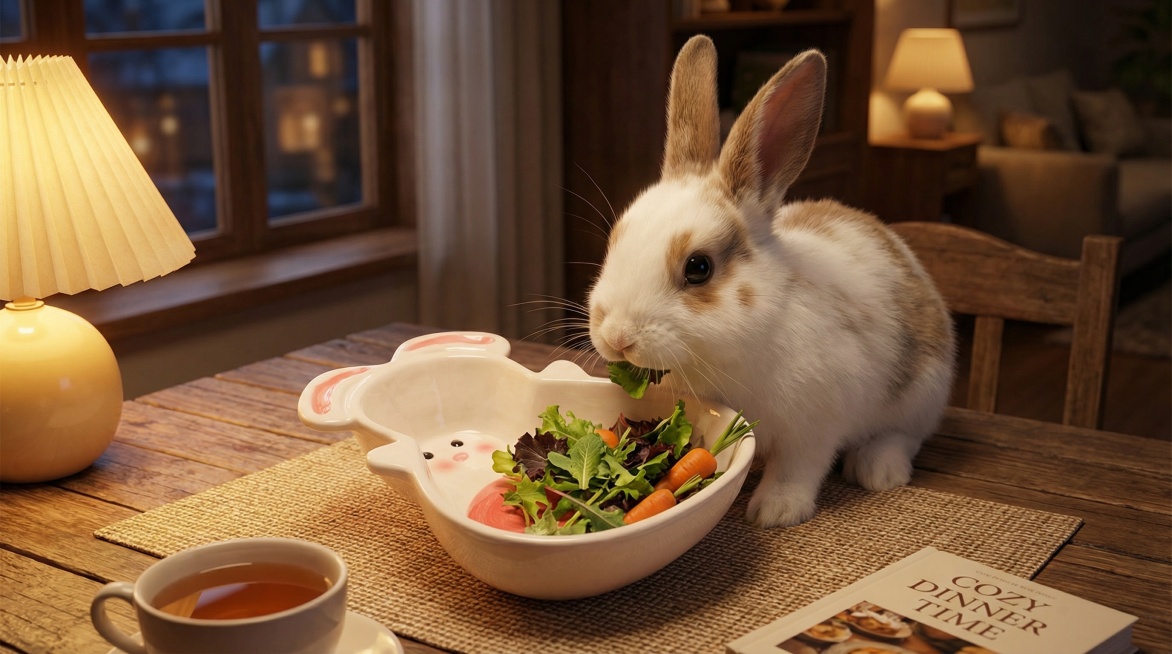 Cute rabbit eating dinner with this rabbit-shaped ceramic bowl, keep the bowl's main features, warm预览效果