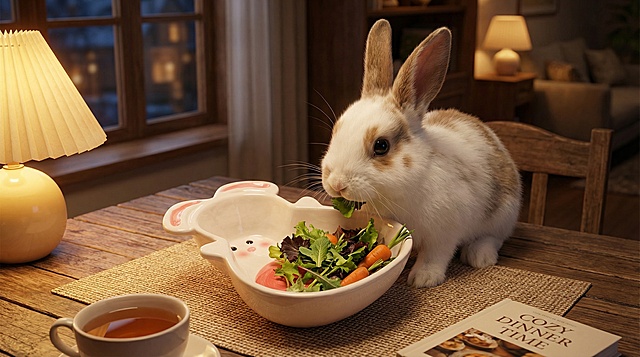 Cute rabbit eating dinner with this rabbit-shaped ceramic bowl, keep the bowl's main features, warm evening scene, English text