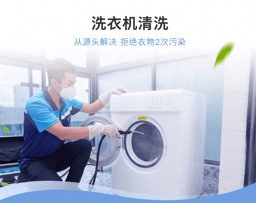 将图片中的标题从"滚筒洗衣机免拆深度清洗"修改为"洗衣机清洗"，保留其他内容、排版和风格不变预览效果