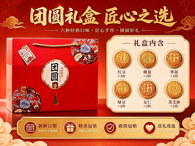 [主图-5] 礼盒规格与服务承诺图，所见即所得，增强购买信任。
[统一基调] 高端国潮喜庆风格，红色与橙色渐变主色调，金色点缀，暖调光影，商业美食摄影质感，字体采用厚重书法体搭配细宋体辅助，字色为米白与金色。
[画面] 画面左侧展示红色"团圆"月饼礼盒的完整正面外观，礼盒立放，金色提手在上，花卉纹样与"团圆"字样清晰。右侧以信息卡片形式展示礼盒内容：上方是"礼盒内含"标题，下方用6个小圆形图标分别展示6种口味月饼的缩略图（红豆、椒盐、枣泥、绿豆、五仁、黑芝麻），每个图标下方标注口味名称与"×2枚"字样。底部有一条金色装饰条，上面排列4个服务承诺图标：新鲜日期、精美包装、破损包赔、送礼优选，每个图标配简短文字说明。背景为深红色到橙红色的渐变，有淡淡的金色祥云底纹。
[光影质感] 礼盒有真实的立体感与材质感，信息卡片有轻微的悬浮效果和阴影，整体干净利落，高端精致。
[配色] 主色深红与橙红渐变，信息卡片为米白色底配金色边框，文字为深红色与金色，整体统一协调。
[文字版式] 画面顶部主标题"团圆礼盒 匠心之选"，厚重书法体，金色；礼盒内含区域标题为深红色粗体；口味名称为深红色宋体；服务承诺文字为金色细字。底部服务承诺条用图标+文字横向排列。
[输出要求] 4:3比例，2K分辨率，信息清晰易读，礼盒展示完整。禁止变形、错字、模糊、水印、平台Logo、禁止使用绝对化用语。