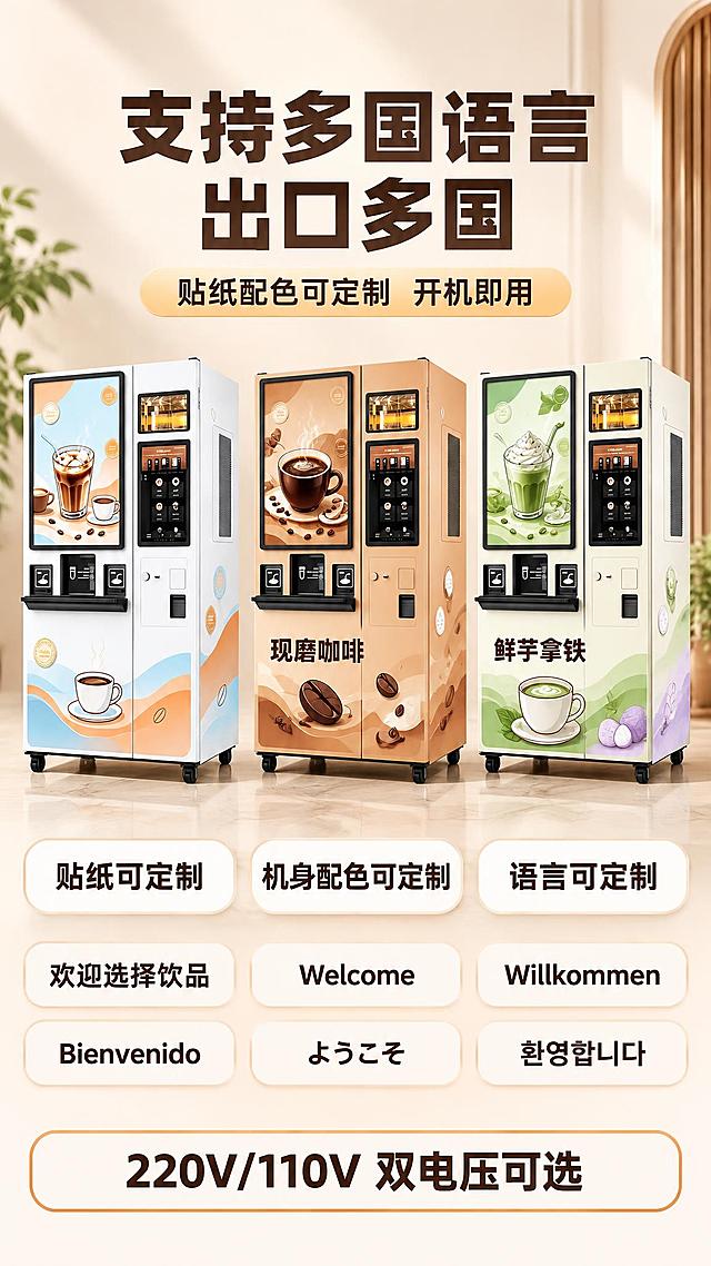 [商品] 使用【图1】咖啡自助售货机同款机身：白色柜体、左半部竖版22英寸触摸大屏、屏下黑色取杯口、右半部玻璃视窗与黑色控制面板、底部黑底座带脚轮；三台机器的结构、配色、比例、部件位置完全一致，仅门板贴纸图案与机身配色不同。
[画面] 电商详情页第4张，多语言与出口定制页。顶部主标题“支持多国语言 出口多国”，其下副标题“贴纸配色可定制 开机即用”。中部横排三台同款机身缩小图：左边白色机身，门板贴纸为橙蓝波浪配手绘拿铁杯；中间浅焦糖橙色机身，贴纸为简约咖啡豆图案并配简体中文“现磨咖啡”；右边米白色机身，贴纸为浅绿抹茶拿铁手绘并配简体中文“鲜芋拿铁”。三台机器贴纸上除上述简体中文外不得出现任何其他文字。下方一行三个白色圆角小标签，深咖粗体中文依次为“贴纸可定制”、“机身配色可定制”、“语言可定制”。再下方为两行三列六个浅奶油底小标签，写多国语言界面欢迎语原文：“欢迎选择饮品”、“Welcome”、“Willkommen”、“Bienvenido”、“ようこそ”、“환영합니다”。最下方一行浅焦糖描边卡片写“220V/110V 双电压可选”。
[视觉] 套系视觉：风格=明亮清新商业摄影；标题字=现代无衡线粗体；正文字=简洁无衡线体；主色=暖白 #FDF8F2；背景延展=暖白到浅奶油渐变加细腻磨砂；强调色=焦糖橙 #E08A3C 仅用于小面积标签与描边；标题色=深咖 #3E2A1E；正文色=暖棕灰；组件=白色圆角卡片配浅奶油描边；光影=左上柔和棚拍光配自然接触阴影。
[文字] 标题不超十字，副标题不超十六字；机器贴纸仅用指定简体中文，语言标签仅写指定语言原文，不得出现其他英文文案；所有文字仅横排，不得竖排、旋转、斜排；画面中不使用任何图标、图标符号与徽标图案；画面底部不放任何文字条或小字。
[规格] 图片比例9:16竖版，2K高清，三台机器整齐可比较不变形，文字无乱码；负向：误加到机器上的英文，品牌名称，图标图案，变形，错字，乱码，机器堆叠，机器拥挤，机器裁切，黑色背景，深色背景，水印，平台Logo，二维码，竖排文字，旋转文字，底部文字条，画面底部小字。
