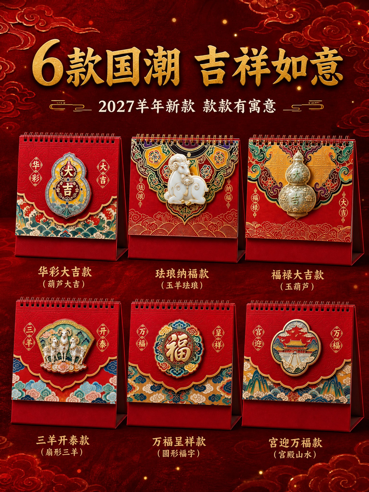 国潮台历6款款式展示图，竖版3:4。深红色祥云背景，金色光点装… - 图片创意预览