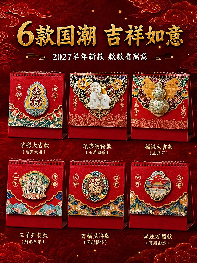 国潮台历6款款式展示图，竖版3:4。深红色祥云背景，金色光点装饰。顶部金色大字标题：6款国潮 吉祥如意，下方白色小字：2027羊年新款 款款有寓意。中间6款红色台历分2行3列整齐排列，每款立体摆放有投影，从左到右从上到下分别是：华彩大吉款（葫芦大吉）、珐琅纳福款（玉羊珐琅）、福禄大吉款（玉葫芦）、三羊开泰款（扇形三羊）、万福呈祥款（圆形福字）、宫迎万福款（宫殿山水）。每款下方有金色小字标注款式名。整体国潮高端风格，商业摄影质感。