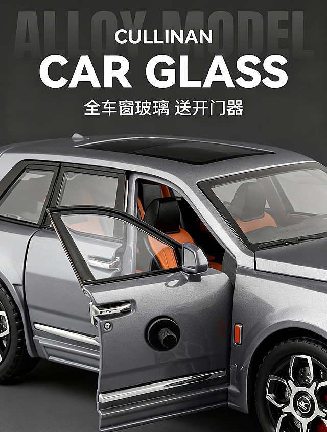 保留原图片所有文字内容：顶部大字 ALLOY MODEL CULLINAN CAR GLASS 全车窗玻璃 送开门器，保持和第一张统一高端简约商品详情风格，生成全新写实画面，保留构图和文字主体位置不变