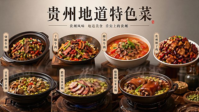 设计一张横版贵州特色菜品集合海报，主标题为"贵州地道特色菜"，包含8道菜品：烧椒牛肉、干锅牛肉、酸汤牛肉、贵州辣子鸡、豆米圆子火锅、腊肉豆米火锅、腊猪脚豆米火锅，整体风格简单大气，所有菜品采用真实摄影质感还原，还原菜品真实色泽和诱人食欲，暖调光影烘托食欲氛围，写实商业摄影风格，极简高级构图，暖灰色渐变背景，顶栏放置大标题，横向排列展示8道菜品，每道菜品旁标注清晰菜品名称，画面层次分明，留白充足，版式精美，让人看了充满食欲，4K超高清
