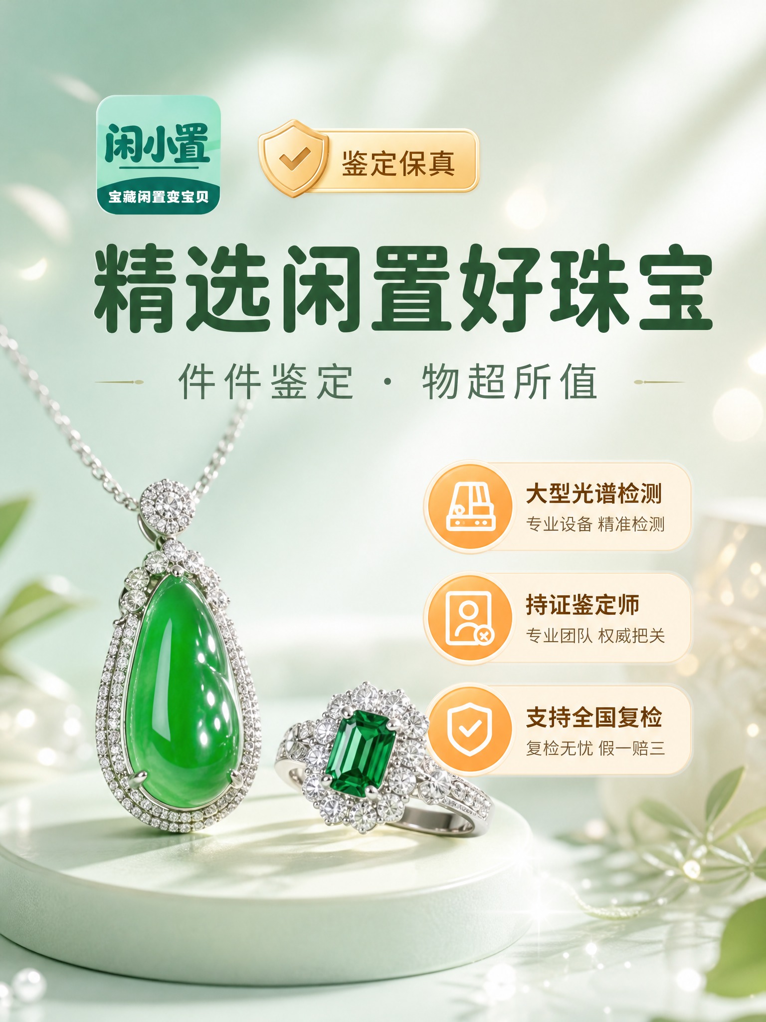 [商品] 闲小置闲置珠宝商品详情页首屏，以高端珠宝（如翡翠吊坠… - 图片创意预览