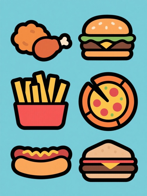一套6个不同快餐食品的卡通风格插画，保持统一的平面设计风格，每个元素都有厚实的黑色轮廓线，鲜明的色块填充，圆润的形状和简洁的细节表现，整体色彩方案变换为全新的配色系统，所有元素规整地排列在纯色背景上，包含汉堡、炸鸡、薯条、披萨、热狗和三明治，每个食品都保留原有的视觉层级和设计感，确保系列的一致性和识别度。预览效果