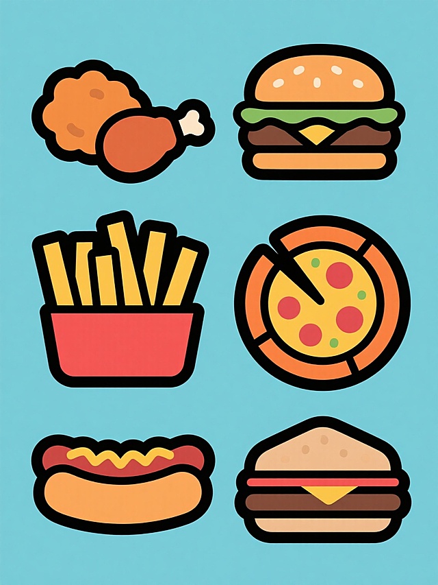 一套6个不同快餐食品的卡通风格插画，保持统一的平面设计风格，每个元素都有厚实的黑色轮廓线，鲜明的色块填充，圆润的形状和简洁的细节表现，整体色彩方案变换为全新的配色系统，所有元素规整地排列在纯色背景上，包含汉堡、炸鸡、薯条、披萨、热狗和三明治，每个食品都保留原有的视觉层级和设计感，确保系列的一致性和识别度。