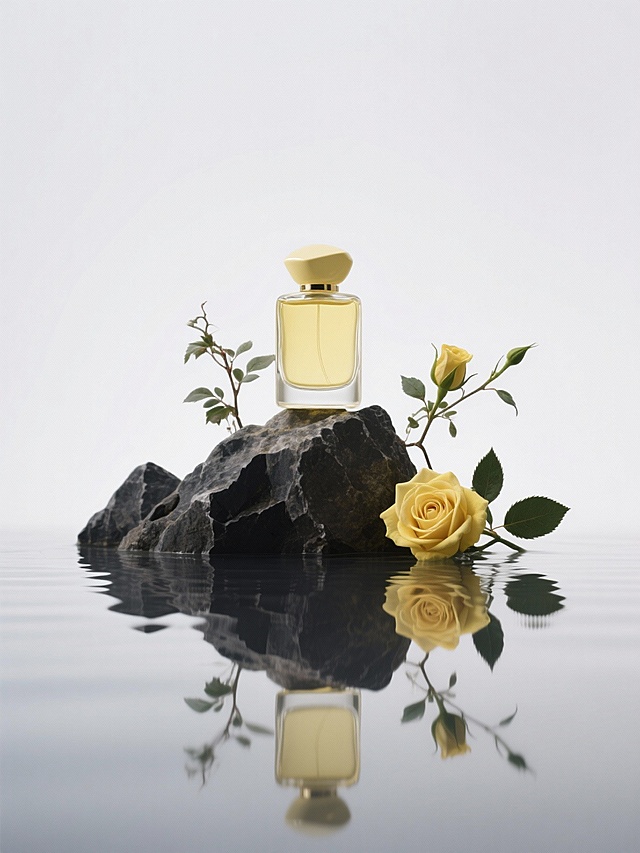 3D风与重拟物结合，玻璃瓶身透出清透黄液，静置于水中岩石之上，搭配黄玫瑰与水影倒映，营造唯美感、优雅感与静谧氛围。