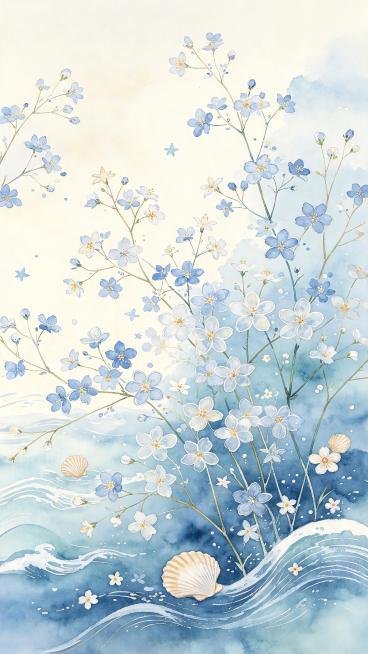 参考参考图片重新生成水彩风格浅蓝色花朵装饰画，浅蓝色海浪搭配贝壳，画面中不要有任何文字预览效果