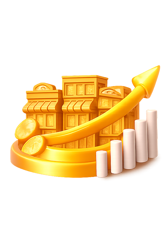 参考当前图片的金色3D立体风格，将楼房替换成临街商店建筑造型，保留金色上升箭头、金币和柱状图元素，保持3D立体质感，金橙色调，透明背景