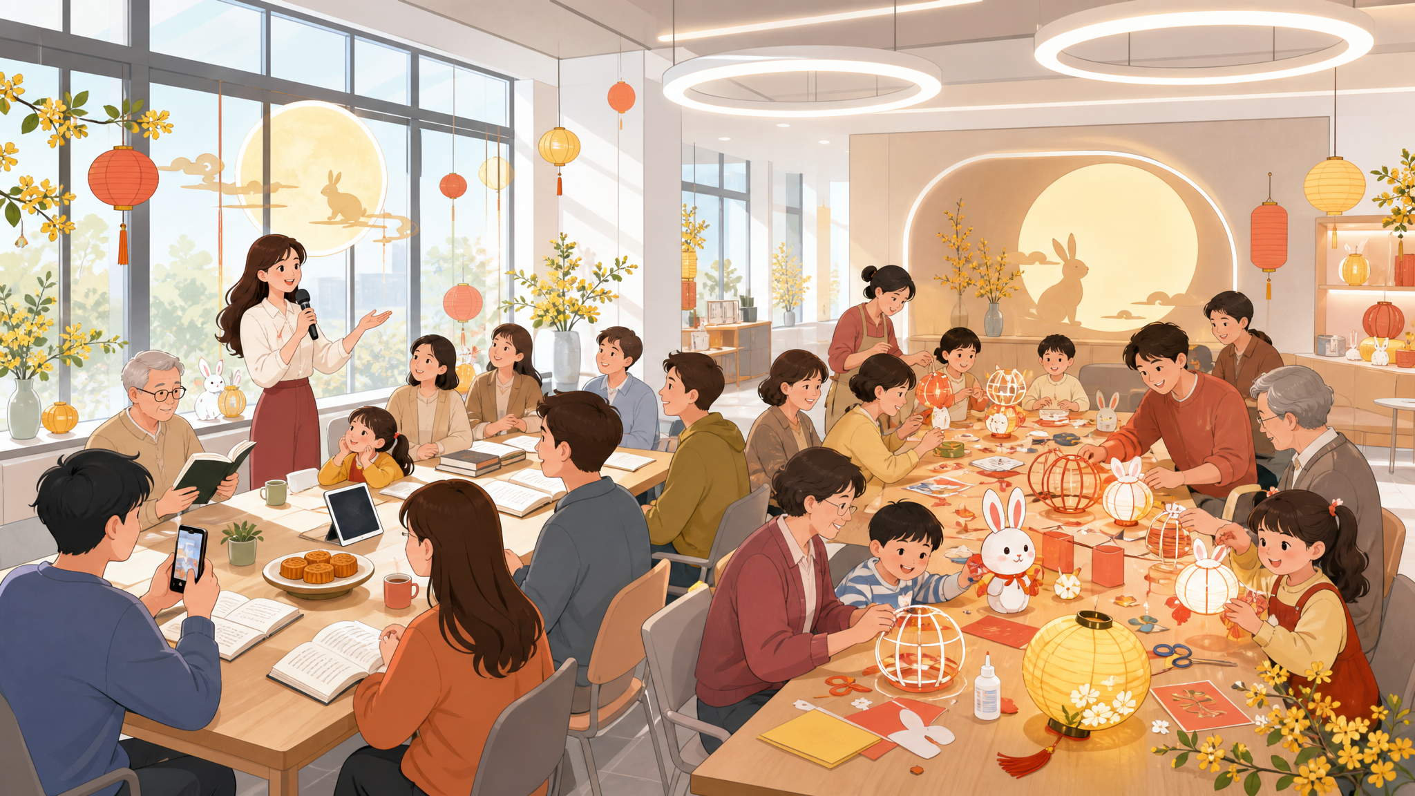 现代手绘插画风格横版海报，画面主体是居民群众在现代化党群服务中… - 图片创意预览