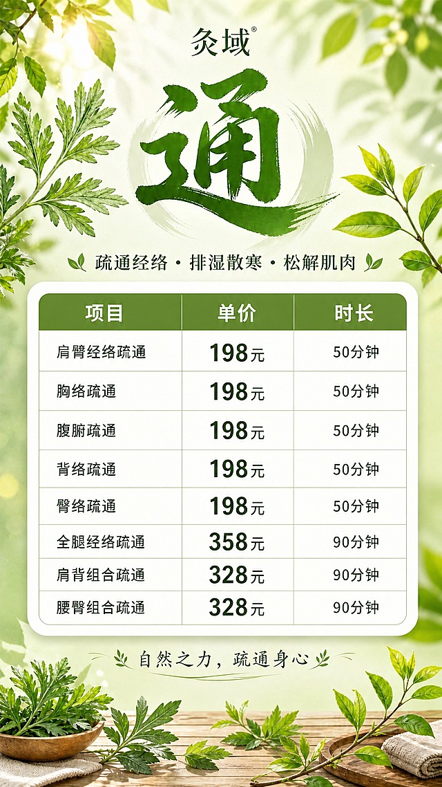 基于参考图重新生成，保持麦芽绿清新自然养生风格、灸域品牌、通字大标题、三列表格（项目/单价/时长）、8项经络疏通项目内容全部不变，仅将底部的二维码占位符方块去除，替换为更自然的底部装饰：底部保留"自然之力，疏通身心"短句，下方用艾草叶、嫩芽枝条和木质台面元素做自然收尾装饰，不再有任何二维码方块或占位文字。整体画面更完整统一，生机盎然。