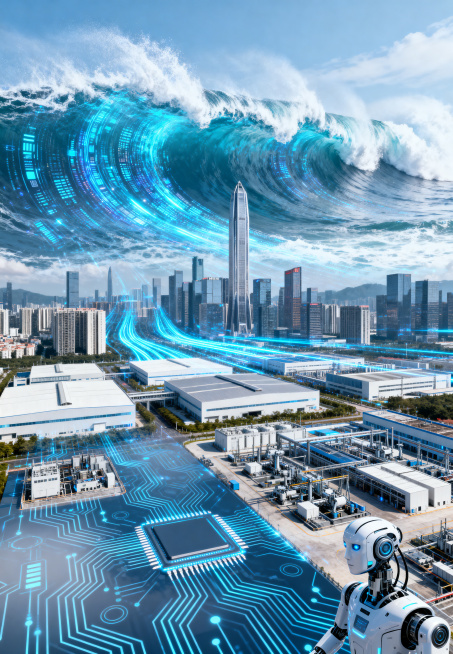 深圳龙华未来科技城市，数字浪潮从城市上空涌动，蓝色数据流穿越城市天际线，现代高科技产业园区，智能制造工厂，人工智能元素，芯片电路纹理，机器人科技，城市数字化转型，科技光线，宏大视角，未来科技感，政府科预览效果