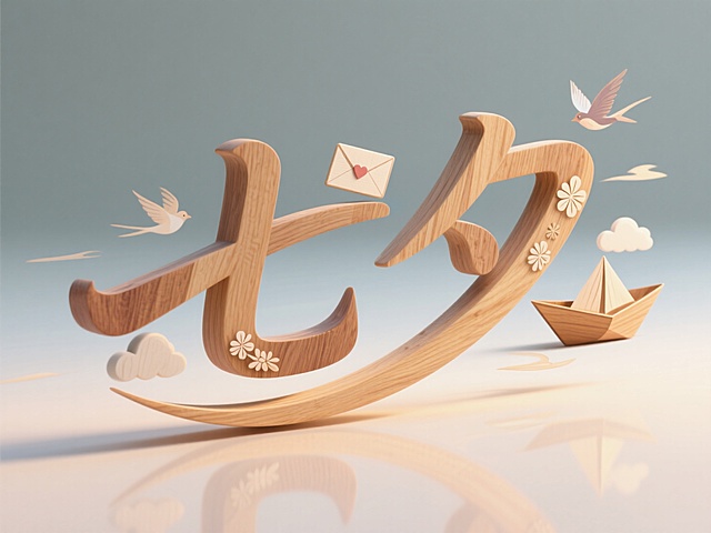 木雕风大字设计，清新梦幻3D效果，简约主义融入信鸽与纸船，营造浪漫节日氛围。