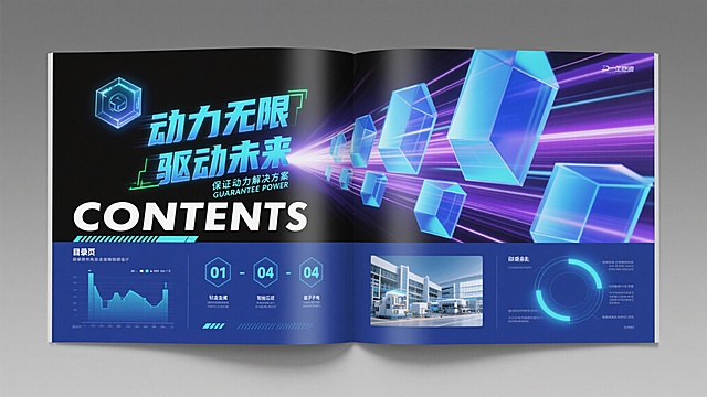 全景展开的企业宣传画册设计，整体采用未来主义极简商务风格，以超哑光深空灰为背景，搭配渐变的液态金属蓝与量子紫作为主色调，辅以霓虹青绿色微光点缀。封面设计呈现强烈的科技视觉冲击，右侧由多个大小渐变、角度动态倾斜的透明蓝色几何体与量子紫色光效组成放射状能量流，仿佛穿越时空的粒子束，呈现出突破次元的速度感和前沿科技感，左侧上方有悬浮的六边形全息图标位置，中央纵向排列"动力无限 驱动未来"的蓝色发光立体主标题，文字边缘带有量子隧道般的光晕效果，下方为"保证动力解决方案 GUARANTEE POWER"的钛合金质感副标题，底部贯穿一条带有电路纹理的蓝色光带装饰条。内页设计遵循精准的视觉层级，目录页以半透明蓝色渐变块突出"CONTENTS"的悬浮白色粗体标题，下方排列编号为01-04的六边形全息图标及对应文字，每个图标都带有轻微的脉冲光效。其他内页包含不同的科技感布局设计：有的页面采用左右分栏，左侧为数据可视化信息图，右侧为带有全息投影效果的高质量实景照片（如未来工厂建筑、智能生产车间、量子动力设备）；有的页面以3D立体的蓝色圆形或弧形几何图形作为视觉焦点，内部嵌入动态数据图表和产品全息影像；所有页面文字排版采用具有未来感的无衬线字体，层级分明，字号、字重对比清晰，关键数据配有动态增长动画效果，留白处点缀细微的电路纹理和粒子效果，整体风格统一、专业、充满未来科技感，传达出突破边界、智能高效、量子级可靠的企业形象，适合尖端工业动力设备或新能源解决方案类企业用于高端产品宣传和科技品牌展示。