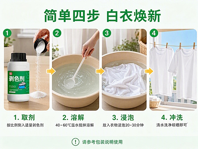 [第4张] 使用步骤页 - 四步操作流程演示。本张使用【图1】作为产品主体。
[氛围/风格] 步骤演示型版式，清晰易懂，生活化场景，真实操作感。
[元素布局] 画面横向四步流程，从左到右依次展示：第1步「取适量剥色剂」，展示打开瓶盖倒出粉末的手部动作，旁边放产品瓶；第2步「温水溶解」，展示洗衣盆中倒入温水搅拌溶解的场景；第3步「浸泡衣物」，展示白色衣物放入盆中浸泡的画面；第4步「清水冲洗」，展示冲洗后洁白衣物晾晒的结果；产品瓶在第1步位置清晰展示，瓶身与输入图一致。
[光影质感] 整体明亮柔和自然光，类似阳台洗衣场景光线，每步场景光照均匀，色彩真实自然。
[配色色系] 全局底色 #F8FCF9 浅绿白渐变；主色 #00A651 绿色步骤编号；辅助色白色、浅蓝水色、木色盆；点缀色黄色步骤箭头。
[视角构图] 横向四步流程构图，平视角度，阅读动线从左到右按编号1→2→3→4依次推进。
[文字版式] 顶部主标题「简单四步 白衣焕新」，居中绿色粗体；每步上方绿色圆形编号「1/2/3/4」，下方步骤名称加一行说明：「1. 取剂 按比例倒入适量剥色剂」「2. 溶解 40-60℃温水搅拌溶解」「3. 浸泡 放入衣物浸泡20-30分钟」「4. 冲洗 清水洗净晾晒即可」；底部小字提示「请参考包装说明使用」；文字清晰可读。
[比例分辨率] 4:3 横版比例，4K 分辨率，文字清晰可辨，高清画质。
[负向提示词] 产品变形，颜色偏差，步骤混乱，文字过小，水印，场景不真实，人物动作僵硬。