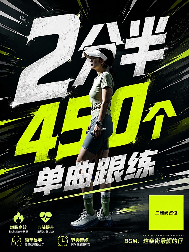使用这张图作为运动海报背景，保留原有跳绳人物并将其居中放置，置于标题后方。添加富有冲击力的动感线条作为装饰点缀，增强画面活力。大标题"2分半450个"和副标题"单曲跟练"居中排版，大标题字号要大，占据海报近三分之二的版面，右下角添加小字标注"BGM：这条街最靓的仔"。整体设计符合运动海报特点，有动感和活力，画面比例为3:4，所有文字必须清晰可辨，数字精确渲染。画面中所有二维码区域使用纯色方块占位符呈现，方块中央标注"二维码占位"文字，严禁生成任何可识别的二维码图案。画面中所有信息区域必须填充完整合理的内容，不得出现空白框、空白占位。