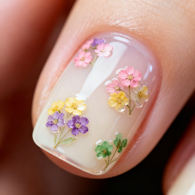 温柔清新碎花干花美甲细节图，特写展示单个指甲，美甲底色为通透的裸色或奶白色，指甲上点缀1-2簇小巧干花碎花贴纸，颜色包括粉、黄、紫、绿柔和色调，花朵点睛式分布留白，透明封层让花朵封存其中，清晰呈现立体预览效果